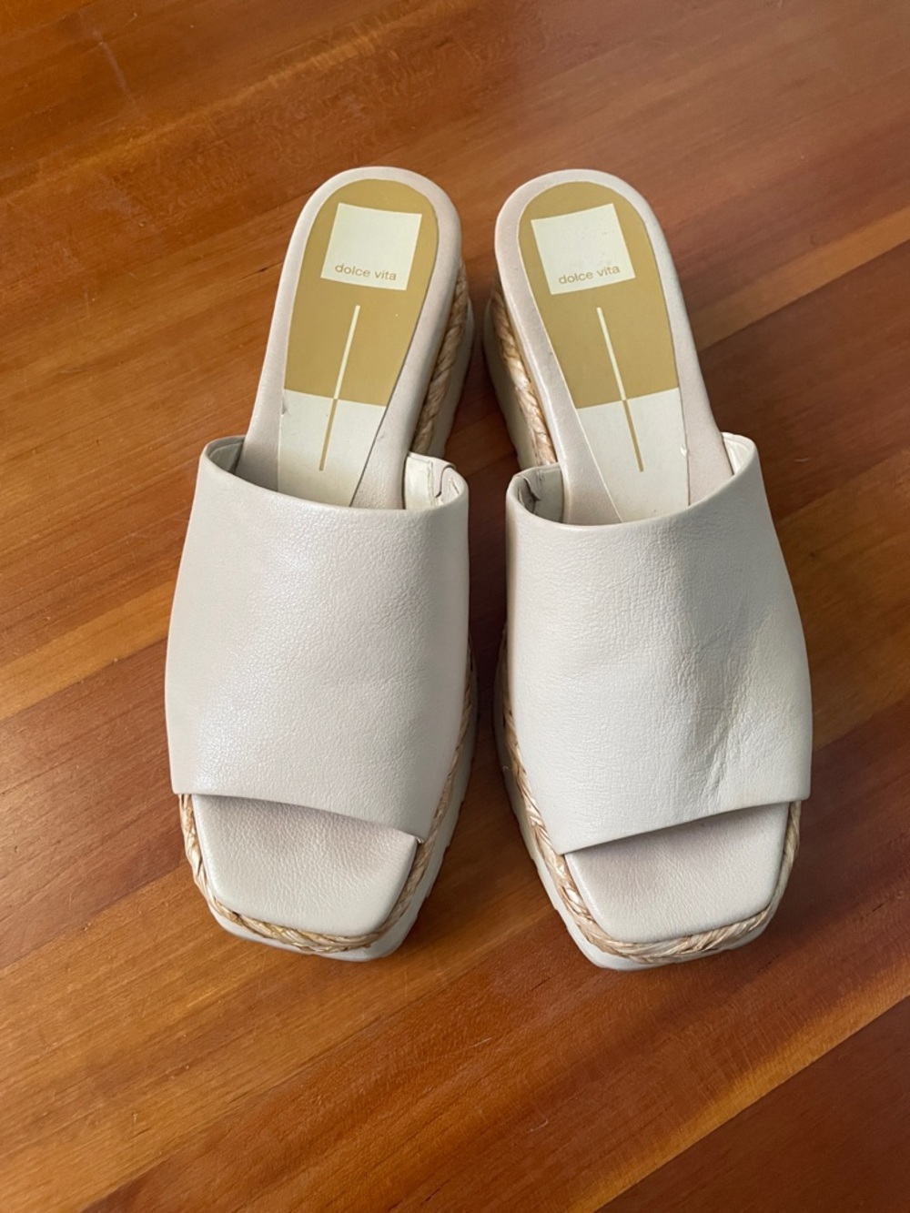 Dolce Vita Cream Leather Slide Mules with Woven Platform
